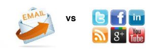 A white envelope with the word email on top and an orange arrow wrapped around the bottom VS Social Medial icons of twitter, Facebook, google, you tube and linkin Email Marketing VS Social Media Marketing for a store closing sale